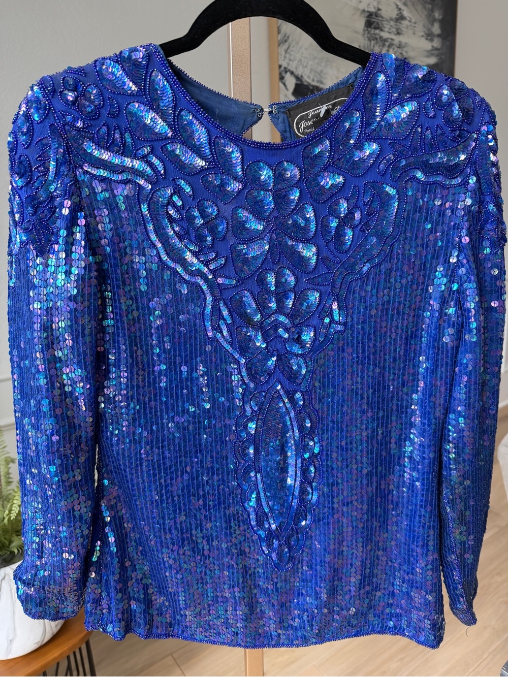 Vintage 80s Jean for Joseph Le Bon Royal Blue Silk Sequin Beaded Top Size S